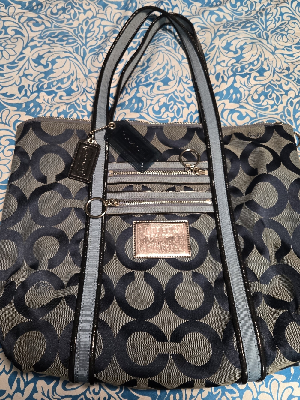 Coach Navy and Gray Signature Tote with Light Blue Trim and Silver Hardware